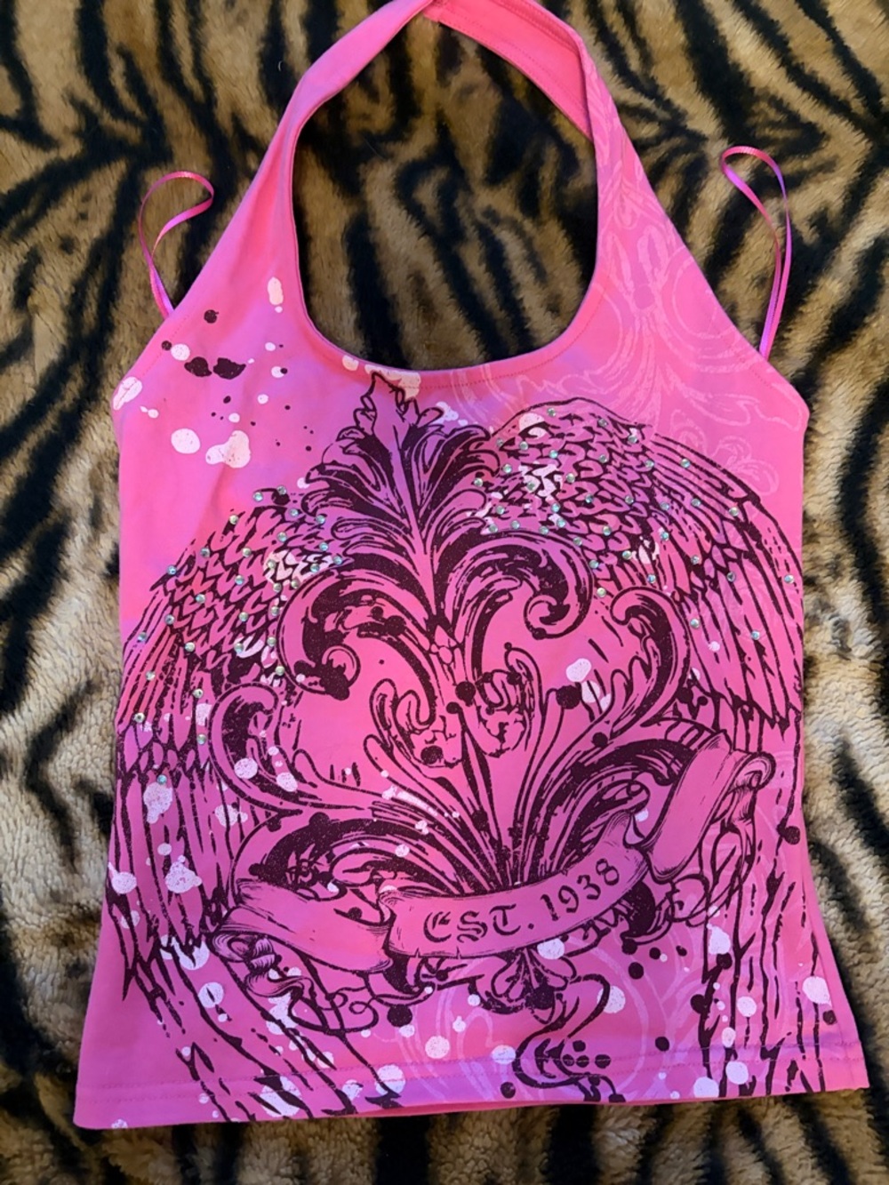 Pink Graphic Halter Tank Top with Angel Wings